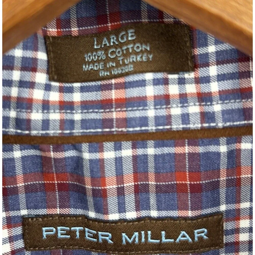 Peter Millar Button Up Shirt men’s Large blue Red White Plaid Long Sleeve Casual